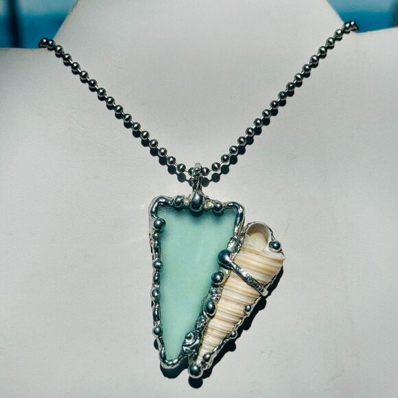 Handmade Jewelry - Sea Glass and Conch Pendant Encased with Intricate Artisan Boho Style Metalwork
